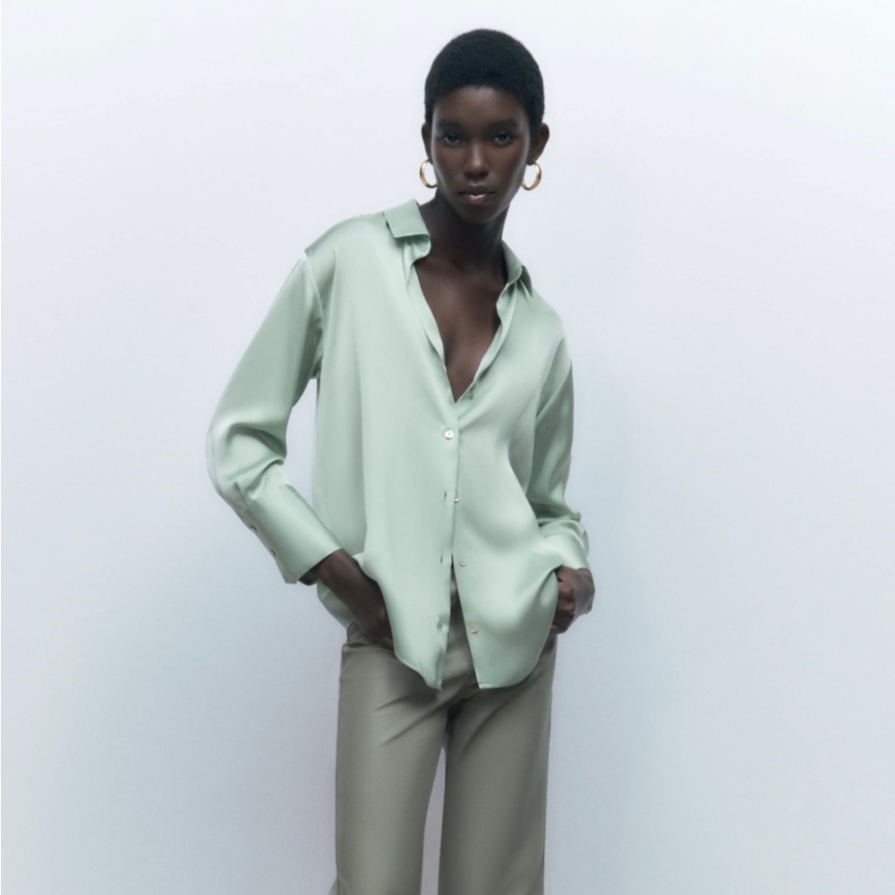 Zara Oversized Silk Shirt in Tea Green Color
